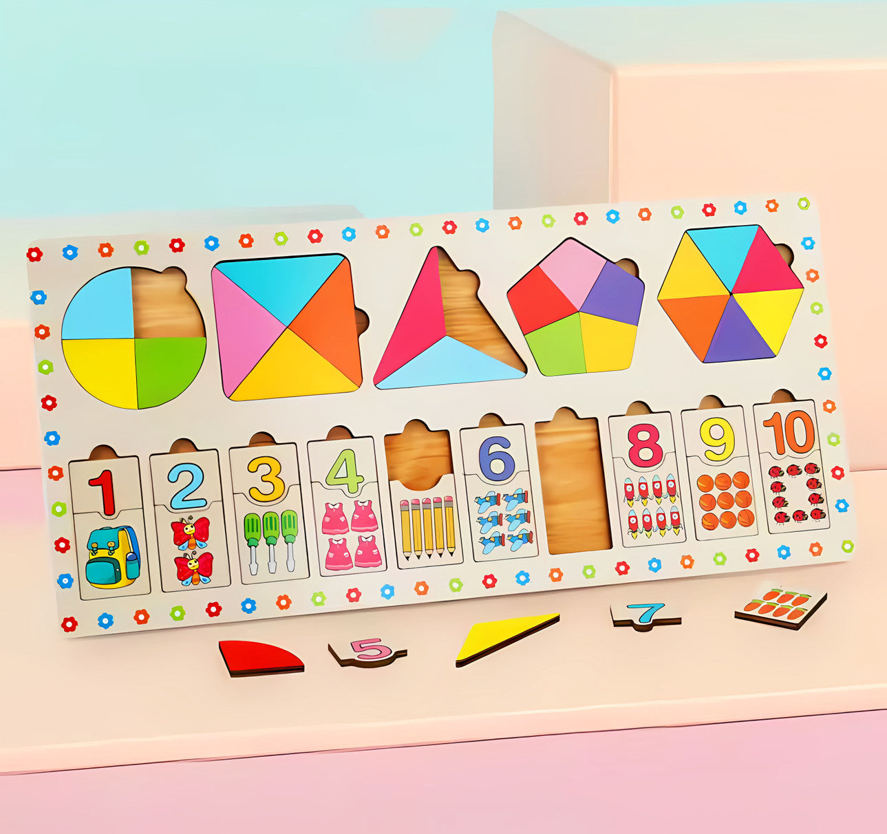 Number board for kids with colourful Shapes, Colours and Fraction Learning