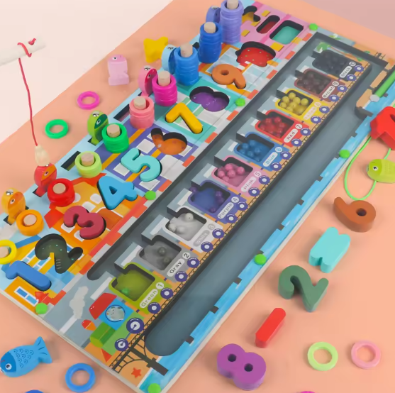 Kids Montessori Educational Wooden Math Toys Children Busy Board Count Shape Colors Match Fishing Puzzle Learning Toys Gifts