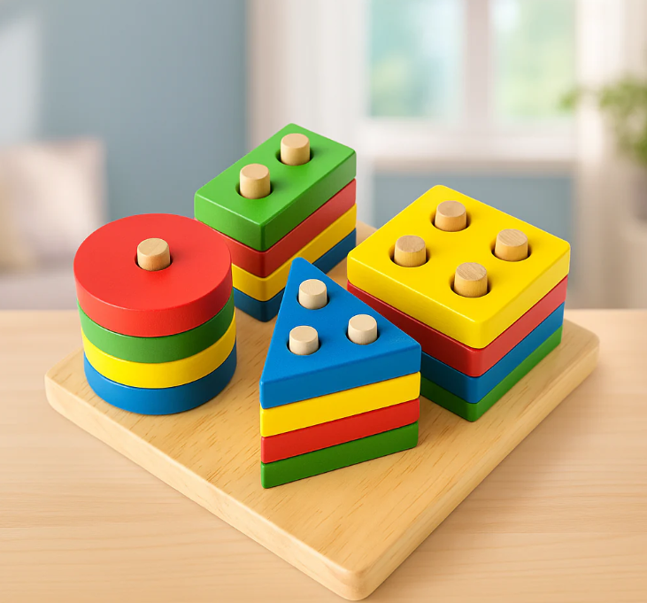 Wooden Multi-Color 4 Geometric Shapes Sorter Toy