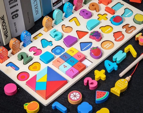 Wooden Multifunctional logarithmic Busy Board With Tangram Puzzle