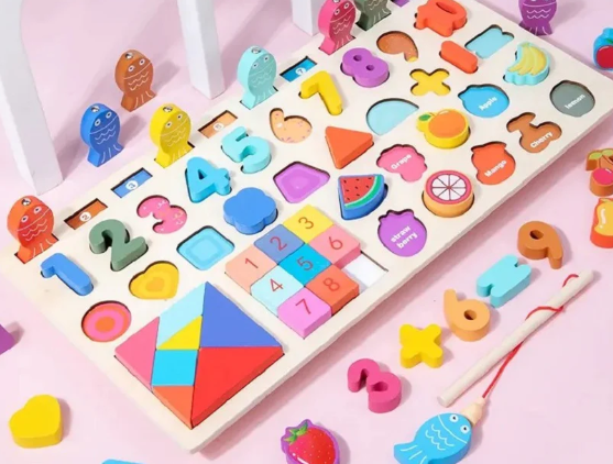 Wooden Multifunctional logarithmic Busy Board With Tangram Puzzle